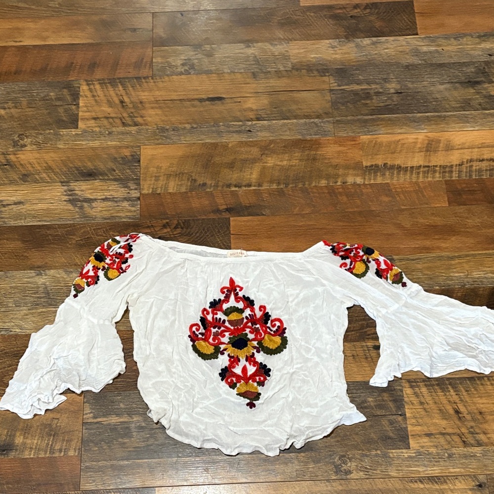 Solitaire‎ White Blouse with Red and Green Embroidery